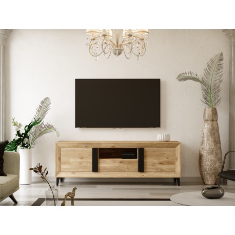 Mesa de televisión moderna en color blanco artik y roble canadian